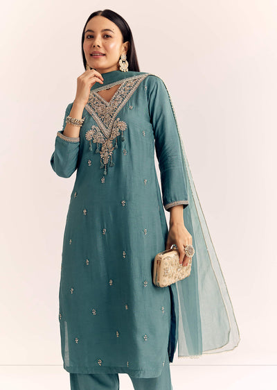 Green Zardosi Work Dola Silk Kurta Set With Dupatta