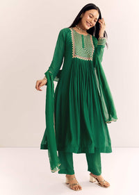 Green Zari Neckline Chinon Anarkali Suit With Dupatta