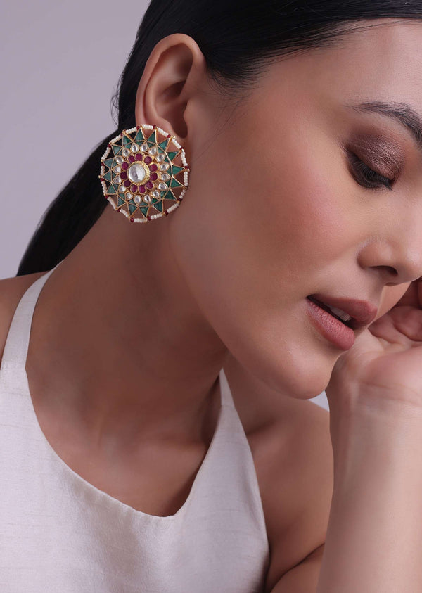 Green And Red Tone Kundan Earrings With Beads