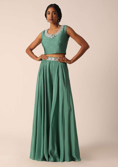 Green Art Silk Palazzo Set With Mirror Work