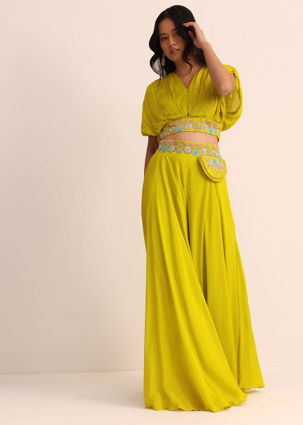 Green Chiffon Crop Top And Palazzo With Resham Work