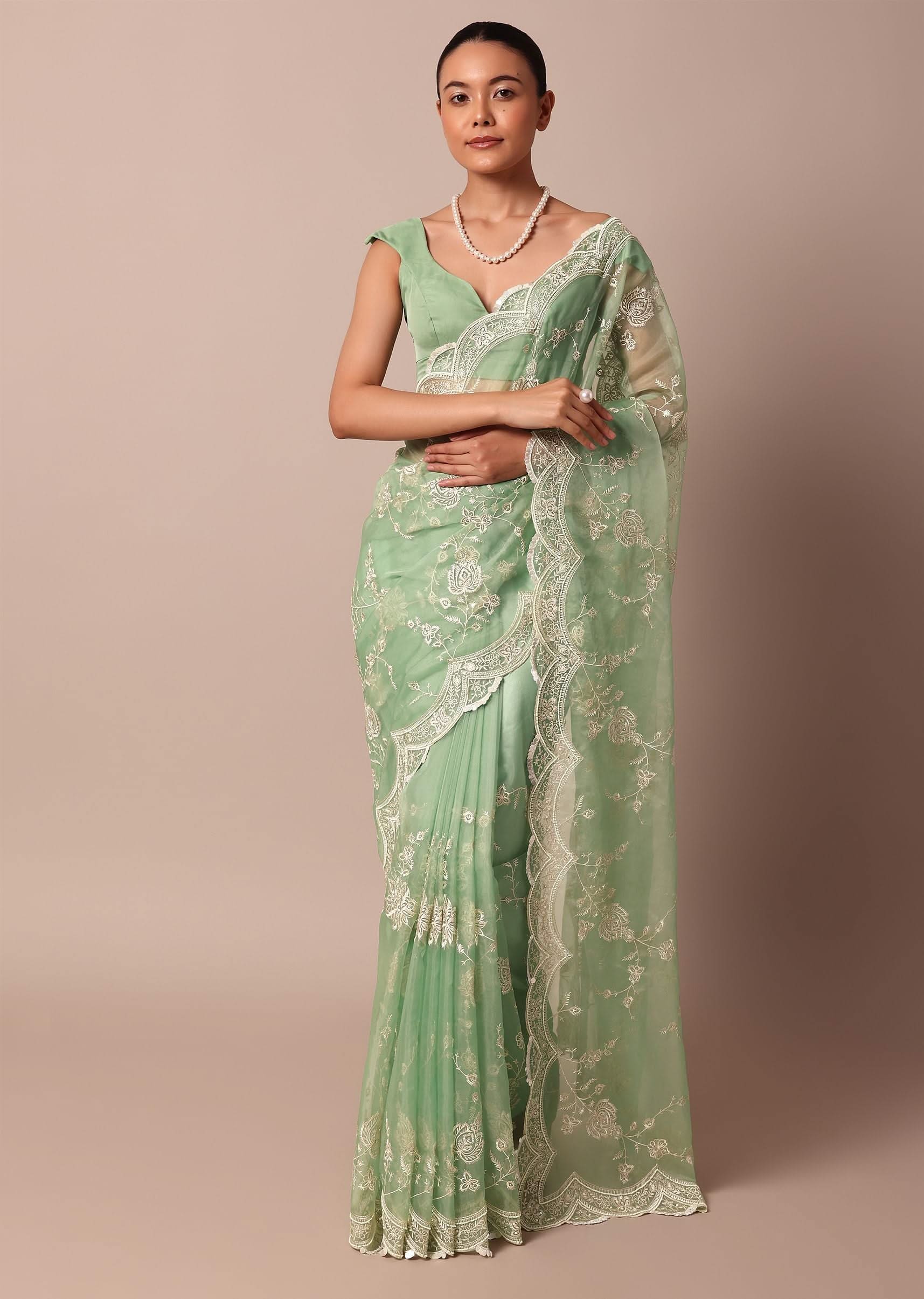 Sea Green Chikankari Saree In Organza Silk With Sequin Scallop Border And Unstitched Blouse Fabric