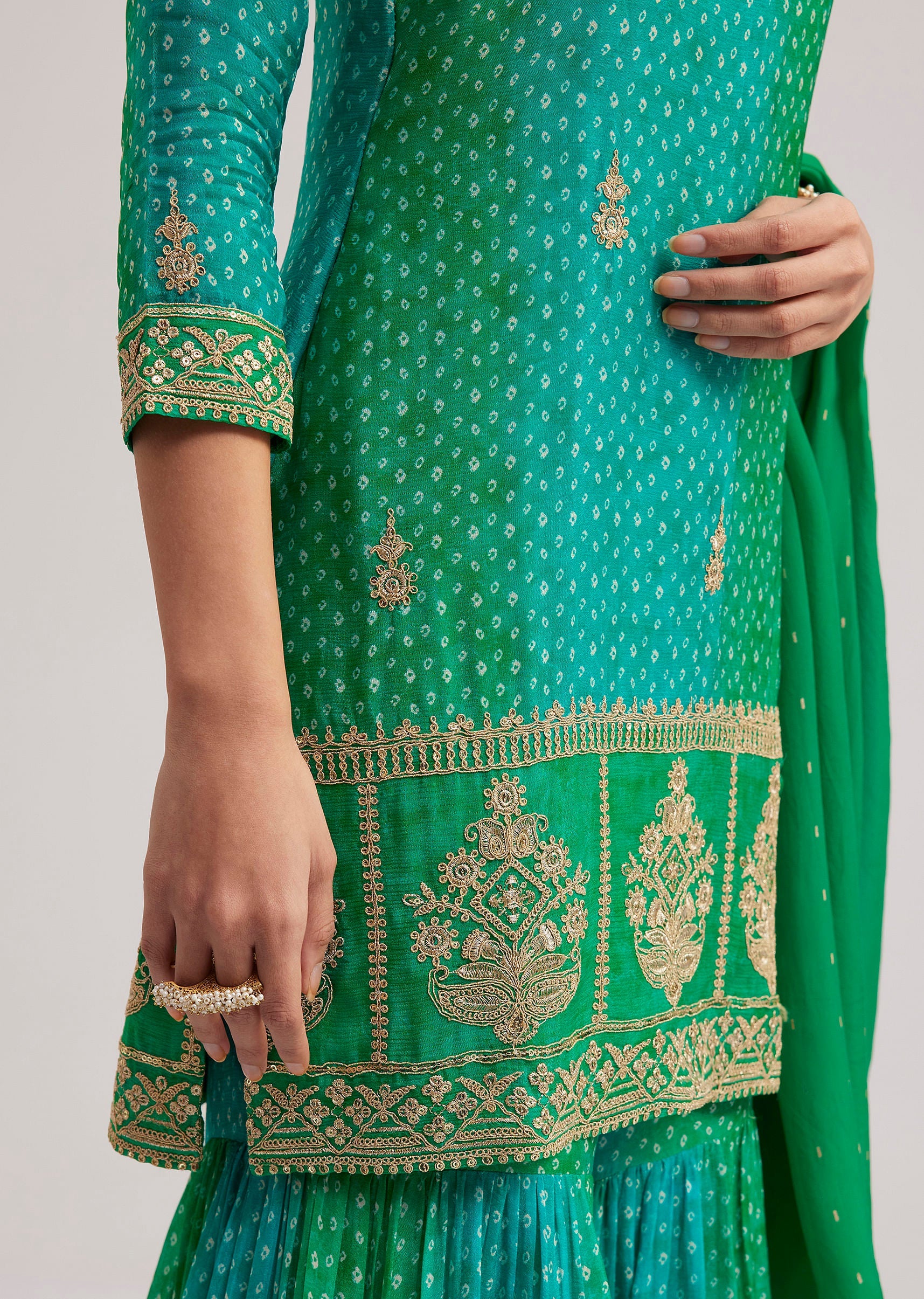 Green Chinon Bandhani Sharara Set