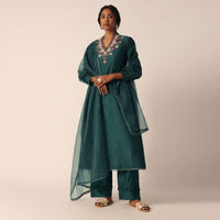 Green Cotton Pant Set With Organza Dupatta