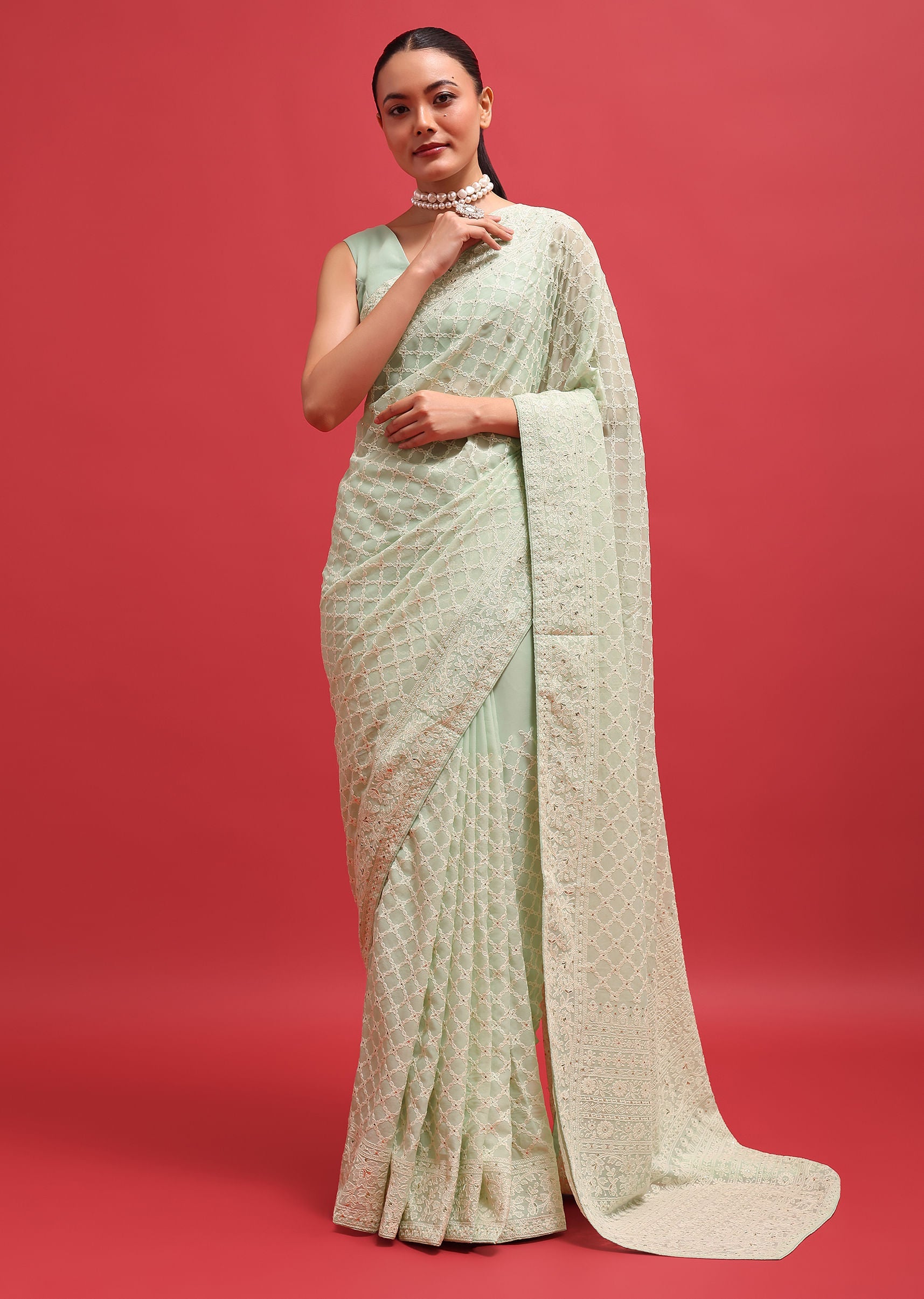 Green Embroidered Georgette Chikankari Saree With Unstitched Blouse