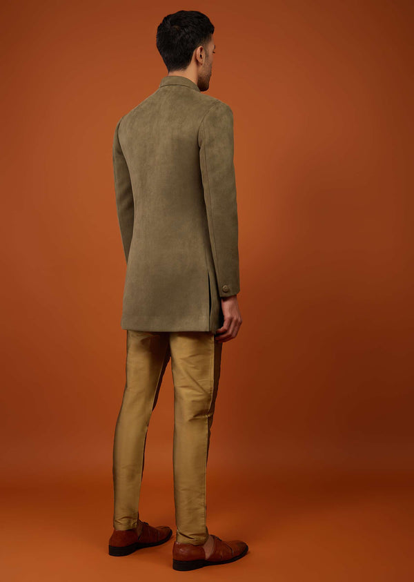 Coffee Brown Embroidered Indo-Western Kurta Set In Suede Velvet