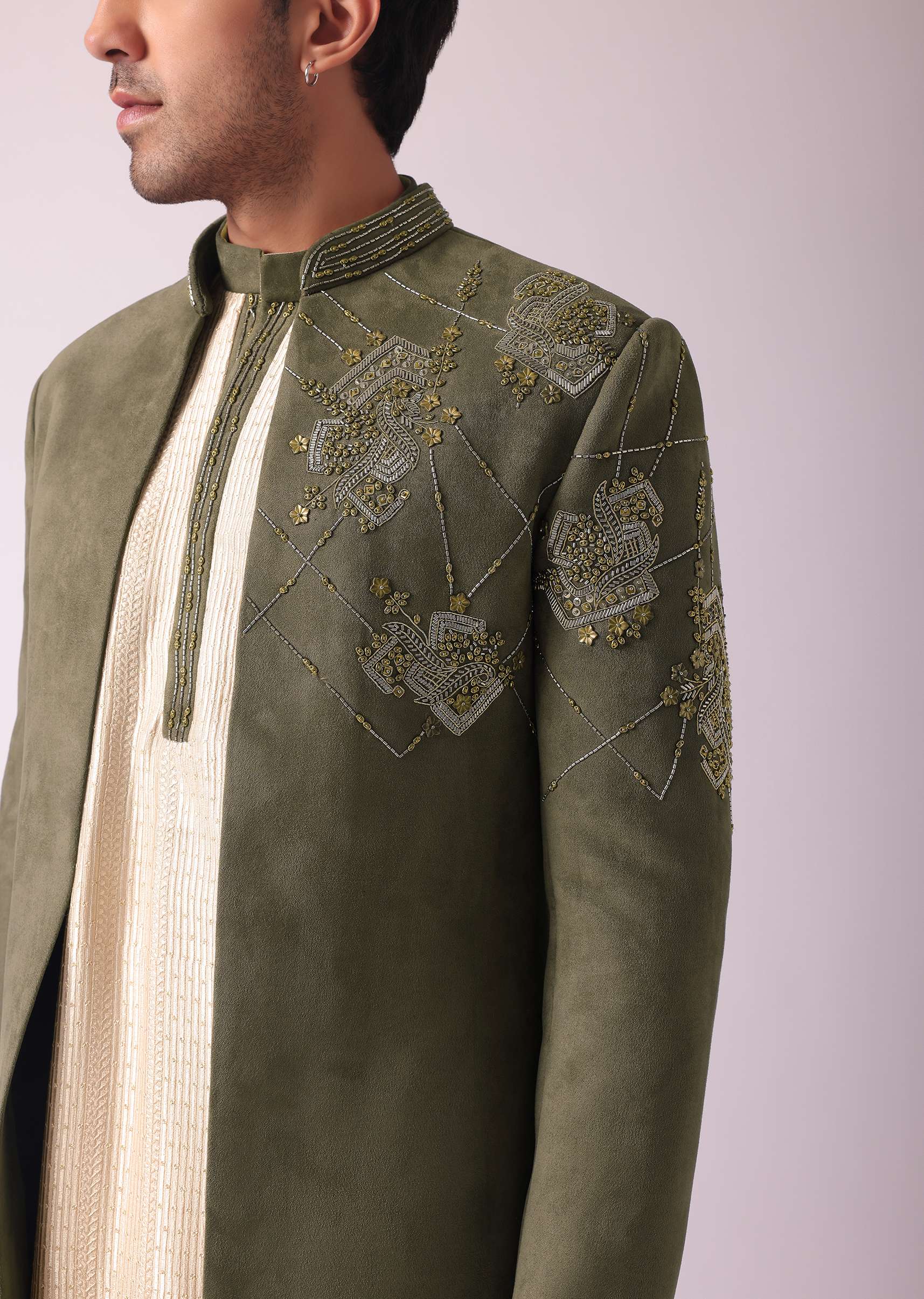 Green embroidered indowestern outfit