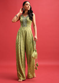 Green Embroidered Jumpsuit With Potli Bag