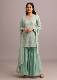 Green Embroidered Sharara Set With Butti Work On Organza Dupatta
