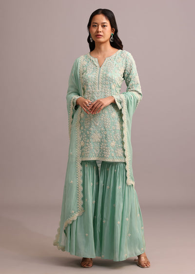 Green Embroidered Sharara Set With Butti Work On Organza Dupatta