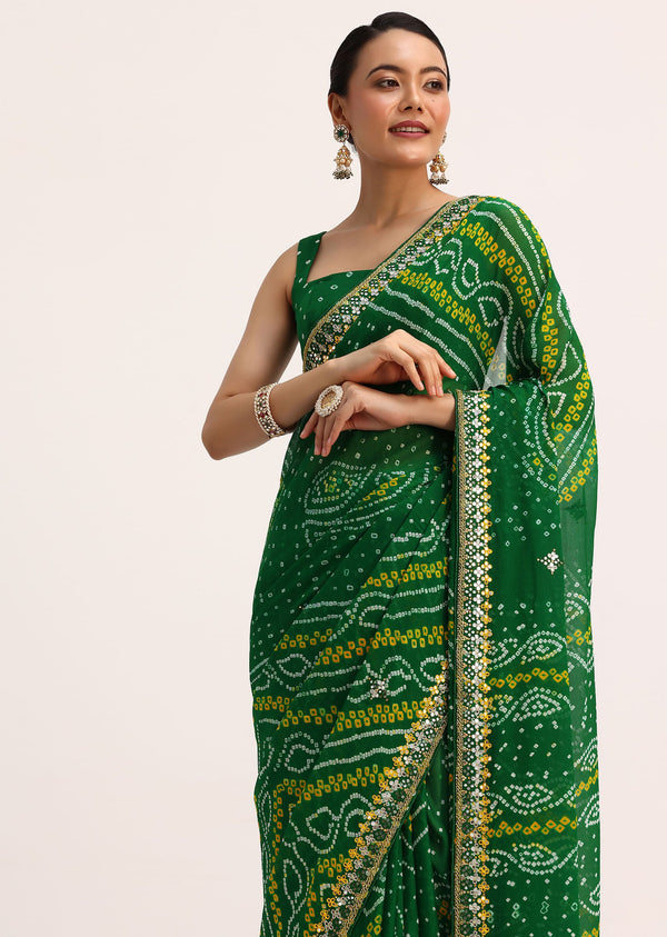 Green Georgette Bandhani Tie Dye Saree With Unstitched Blouse