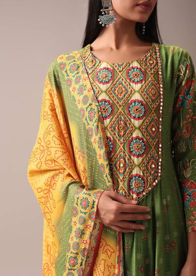 Green Indie Print Anarkali Suit Set In Art Silk