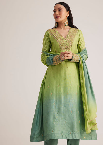 Green Ombre Embroidered Suit With Dupatta