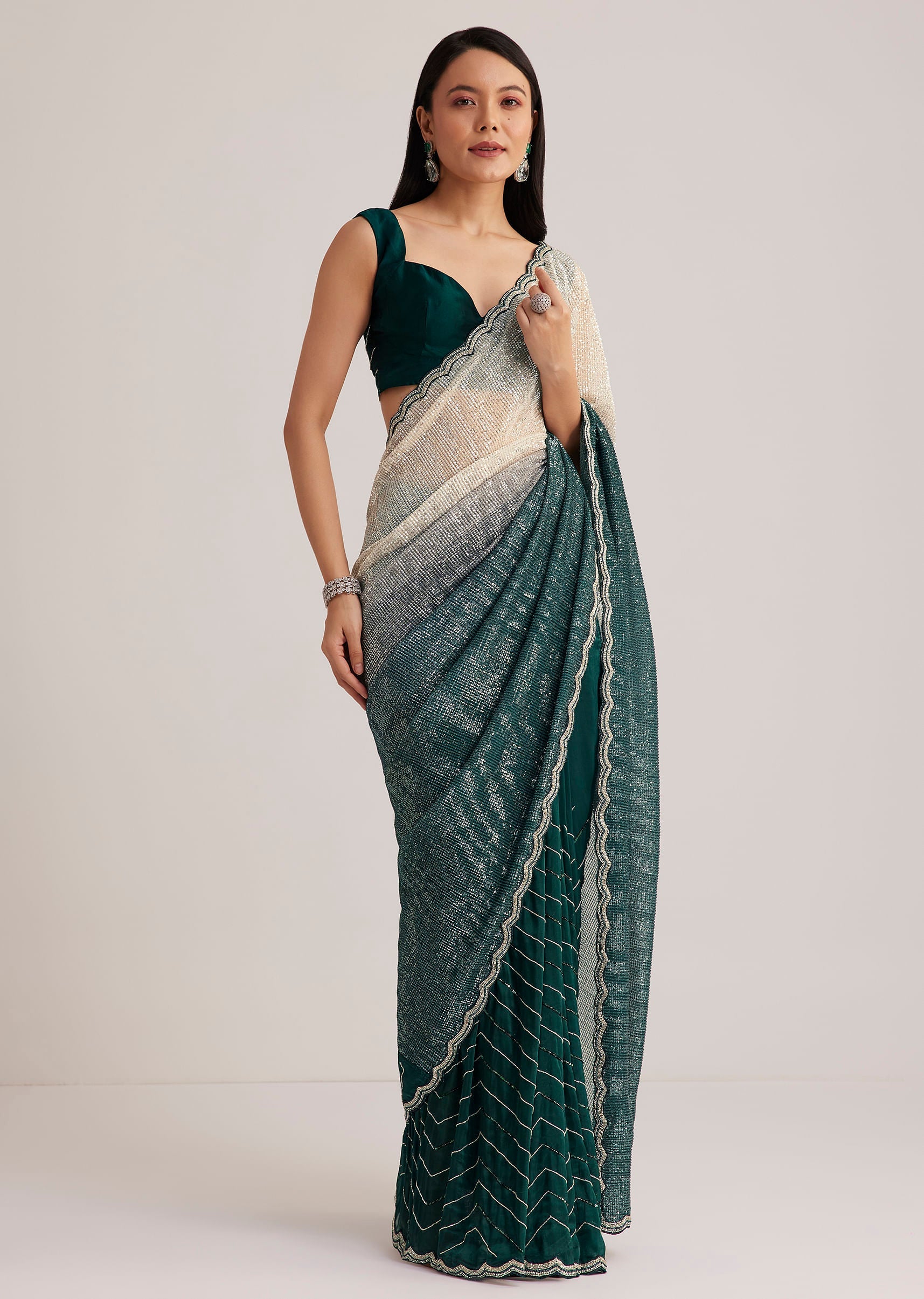 Green Ombre Saree With Sequins And Scallop Embroidery