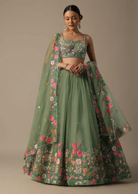 Green Organza Embroidered Lehenga Set With Floral Motifs