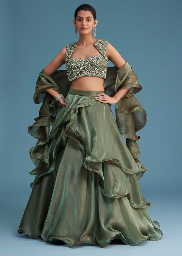 Green Organza Ruffle Lehenga Set With Embellished Blouse