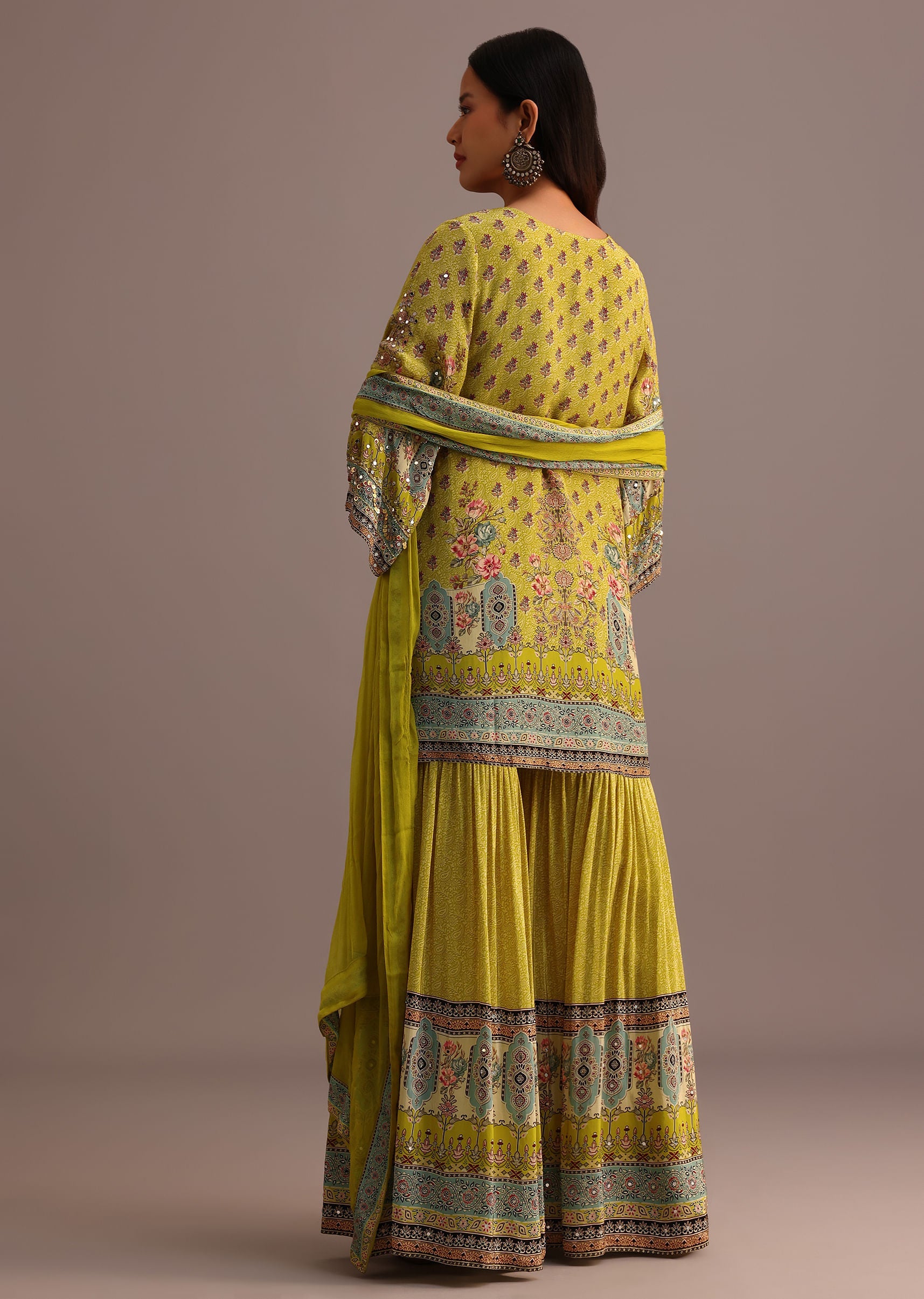 Green Printed Sharara Set With Chiffon Dupatta