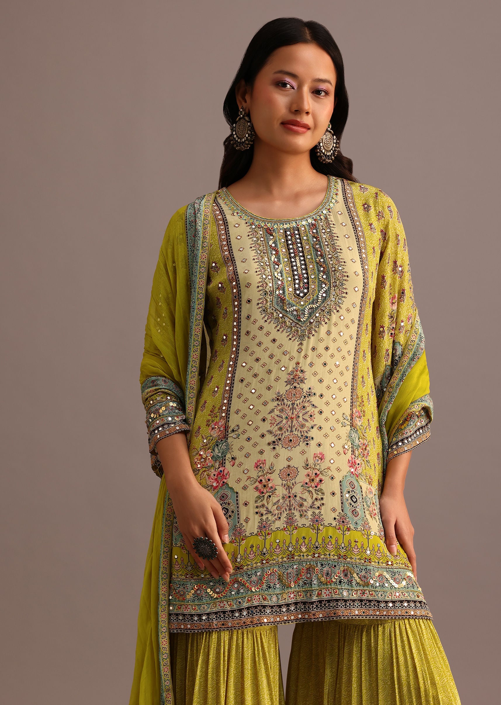 Green Printed Sharara Set With Chiffon Dupatta