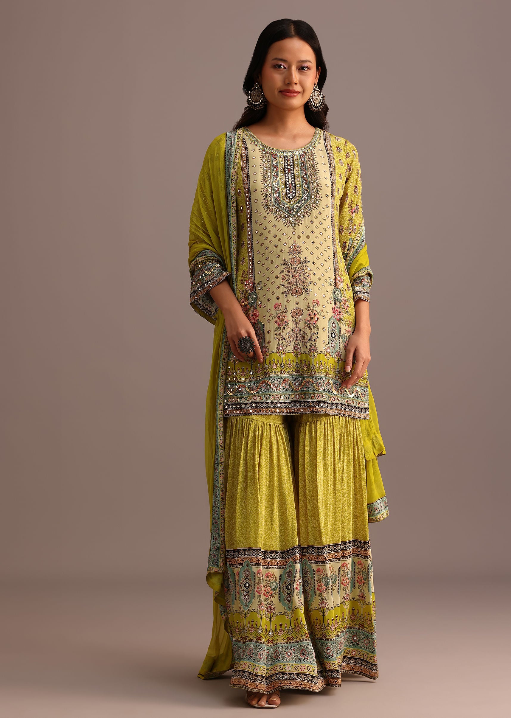 Green Printed Sharara Set With Chiffon Dupatta