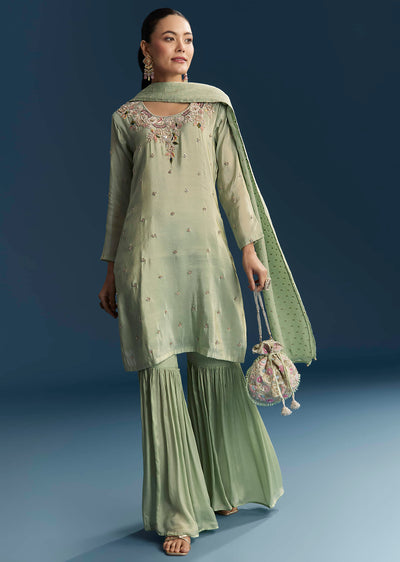 Green Tissue Sharara Suit With Zardosi And Resham Embroidery