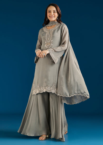 Greenish Grey Embellished Chinon Palazzo Suit With Dupatta