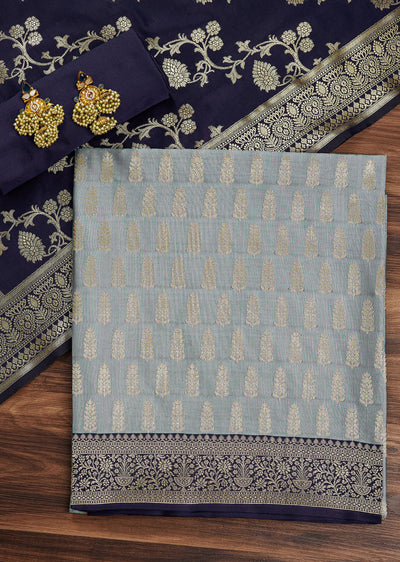 Grey And Blue Banarasi Silk Unstitched Suit Set With Woven Design