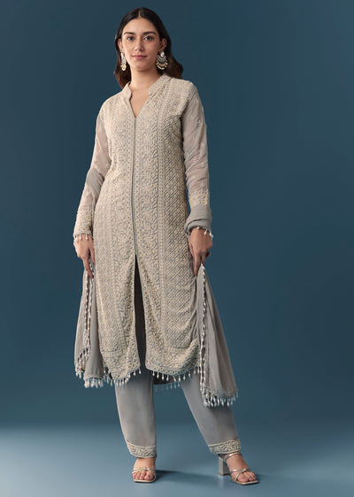 Grey Beaded Kurta Set With Pant And Dupatta