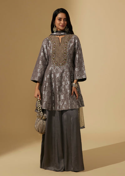 Grey Brocade Palazzo Suit Set With Heavy Zardozi Embroidered Neckline