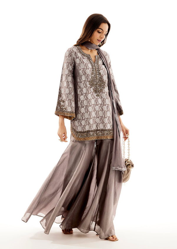 Grey Brocade Sharara Dupatta Set With Zardosi Work