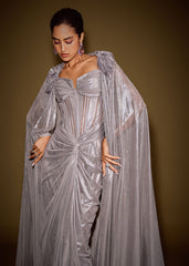 Grey Corset Drape Gown Paired With Embroidered Cape