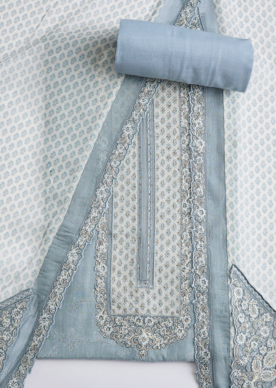Grey Cotton Dress Material With Resham Embroidery