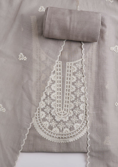 Grey Embroidered Cotton Unstitched Suit Set With Dupatta