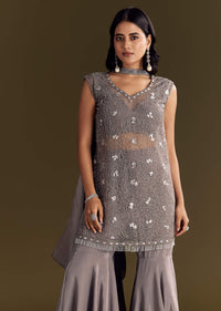 Grey Crepe Kurta Sharara With Net Choker Dupatta