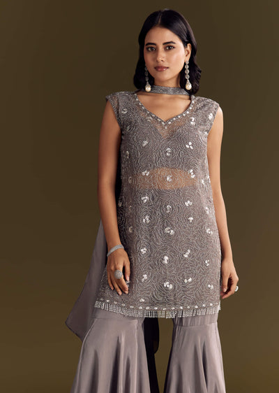 Grey Crepe Kurta Sharara With Net Choker Dupatta