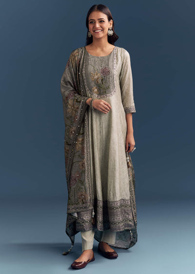 Grey Dola Silk Anarkali Suit With Floral Print And Embroidery
