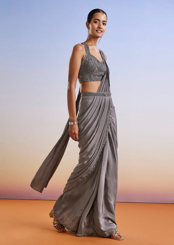 Grey Embroidered Ready Pleated Saree With Blouse And Belt