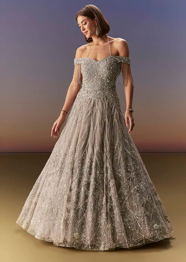 Buy Grey Gown Off Shoulder With Silver Embroidery| KALKI Fashion USA