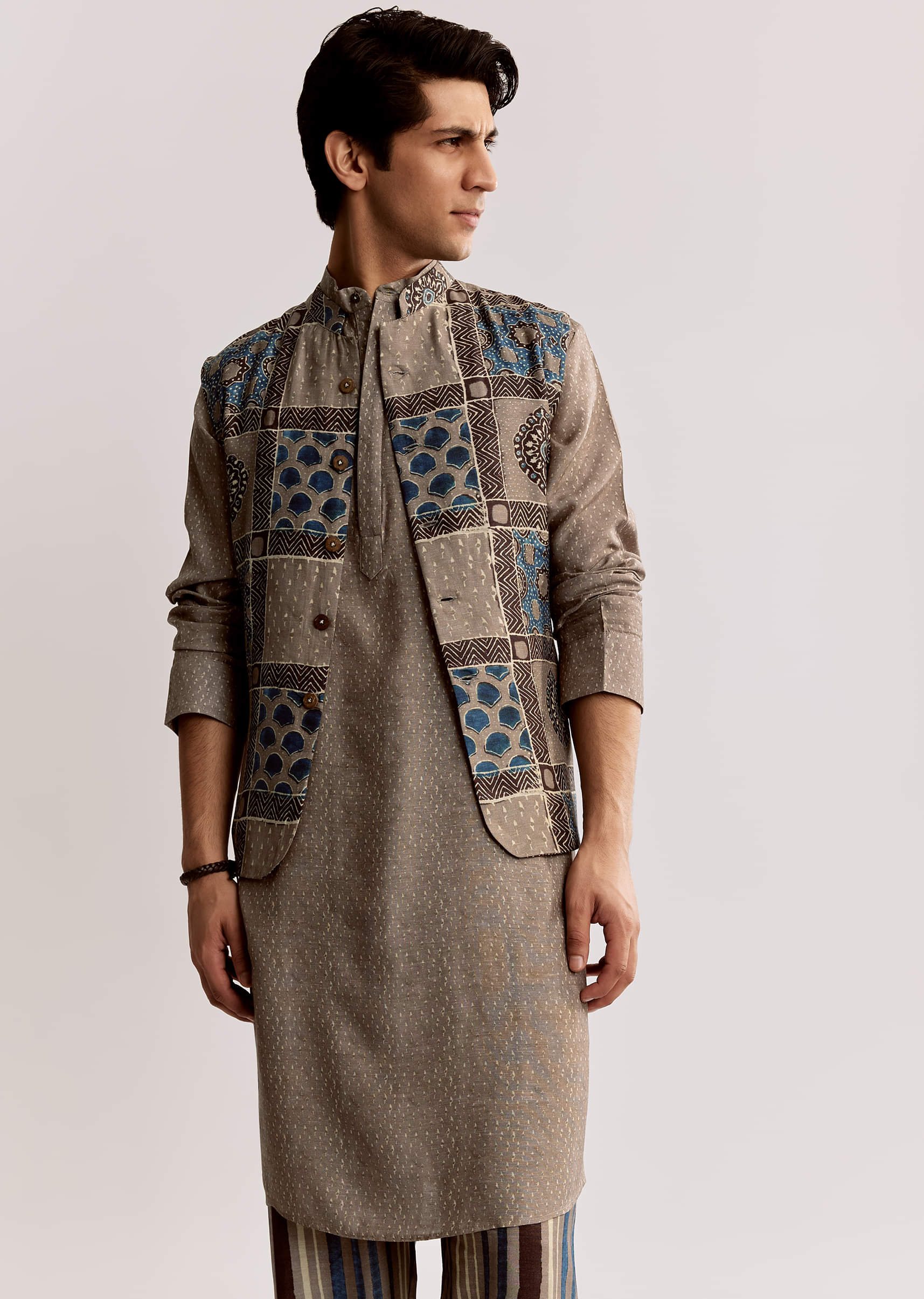 Grey Linen Kurta Jacket Set With Ajrakh Print