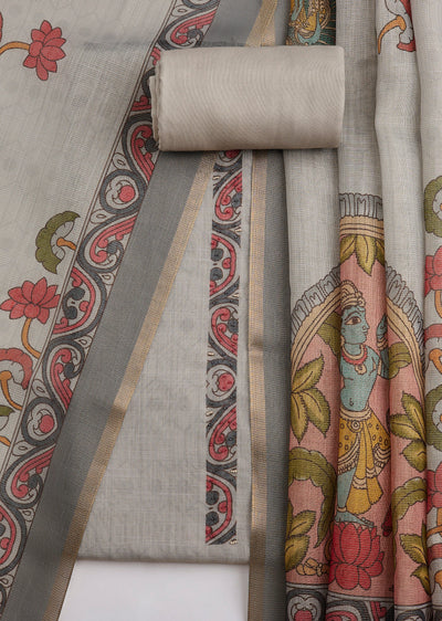 Grey Linen Printed Unstitched Suit Set With Dupatta