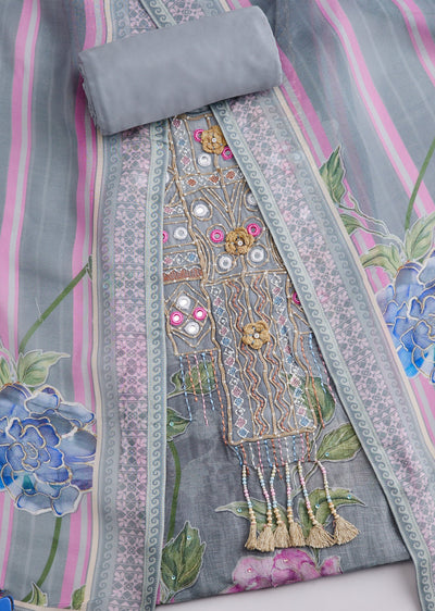 Grey Muslin Printed Unstitched Suit Set With Dupatta