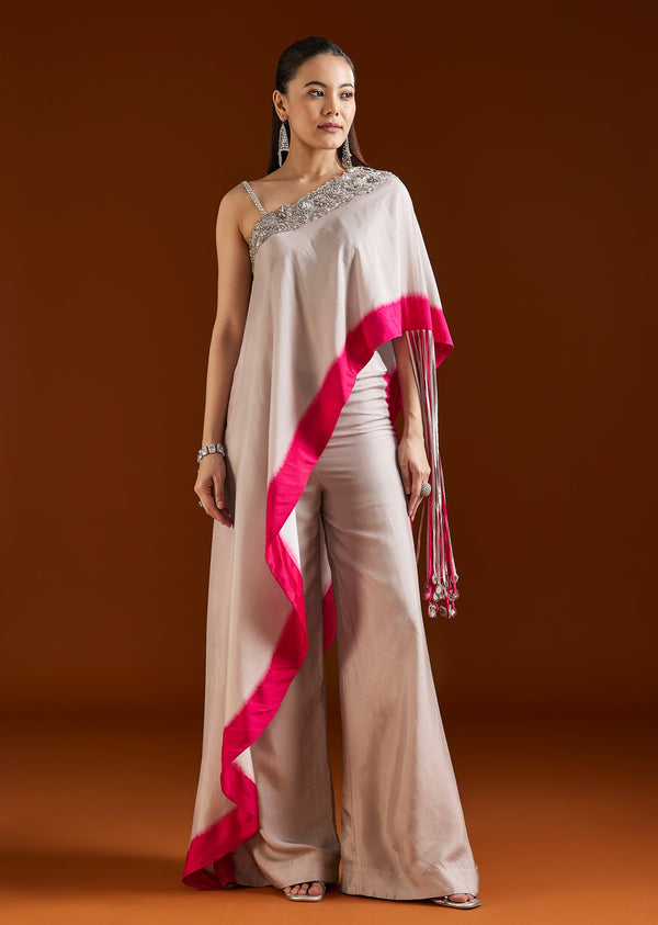 Grey One-Shoulder Embellished Silk Blend Crop Top Palazzo Set