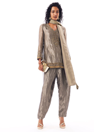 Grey Patiala Suit With Zardosi And Sequins