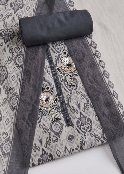 Grey Printed Cotton Unstitched Suit Set With Dupatta