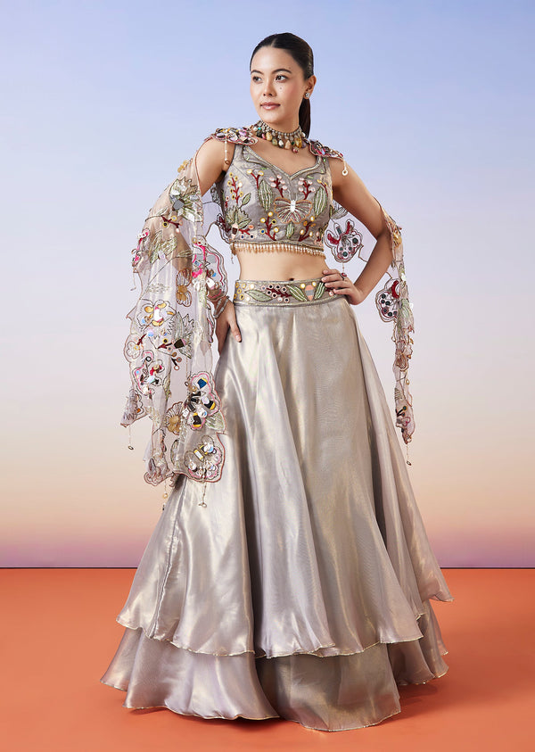 Grey Shimmer Organza Fusion Lehenga With Dupatta