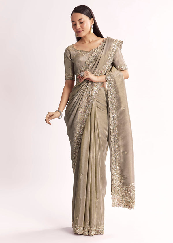 Grey Tissue Saree With Cutdana Sequins Beads And Resham Embroidery