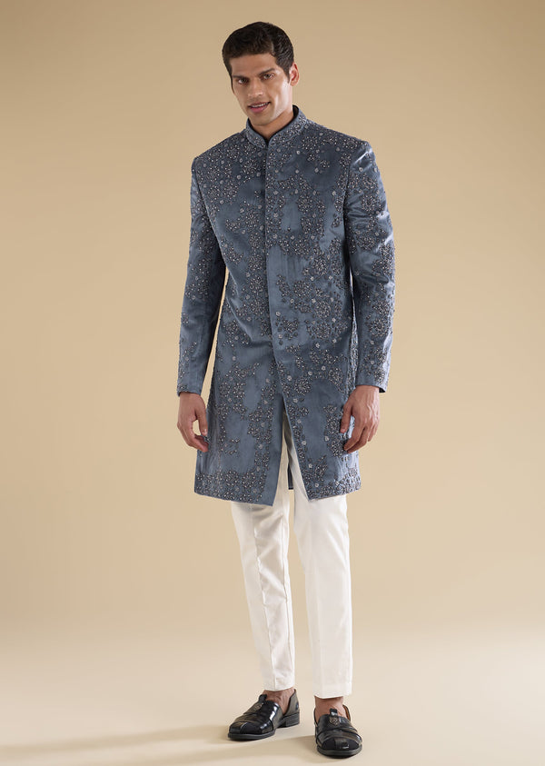 Grey Velvet Embellished Indo Western Set