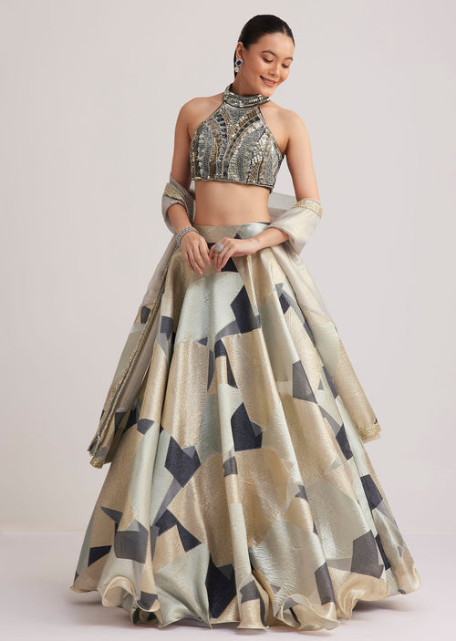 Grey And Gold Net Embroidered Lehenga Set| KALKI Fashion USA