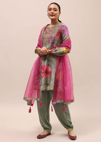 Grey And Pink Embroidered Kurta And Salwar With Dupatta