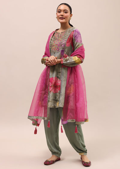 Grey And Pink Embroidered Kurta And Salwar With Dupatta