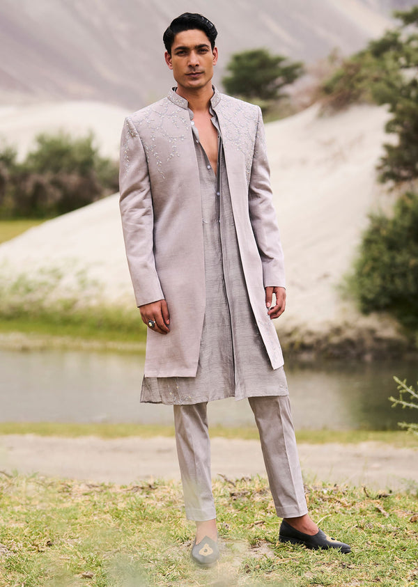 Grey Embroidered Linen Nawabi Suit